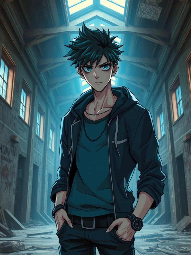 cool anime delinquent, abandoned building interior, moody blue lighting, tough expression, detailed