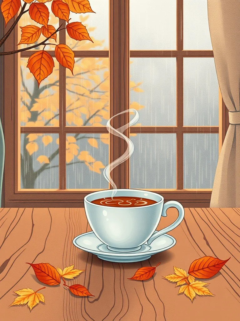 Steaming tea cup on a wooden table with autumn leaves, rainy window background, warm minimalist room