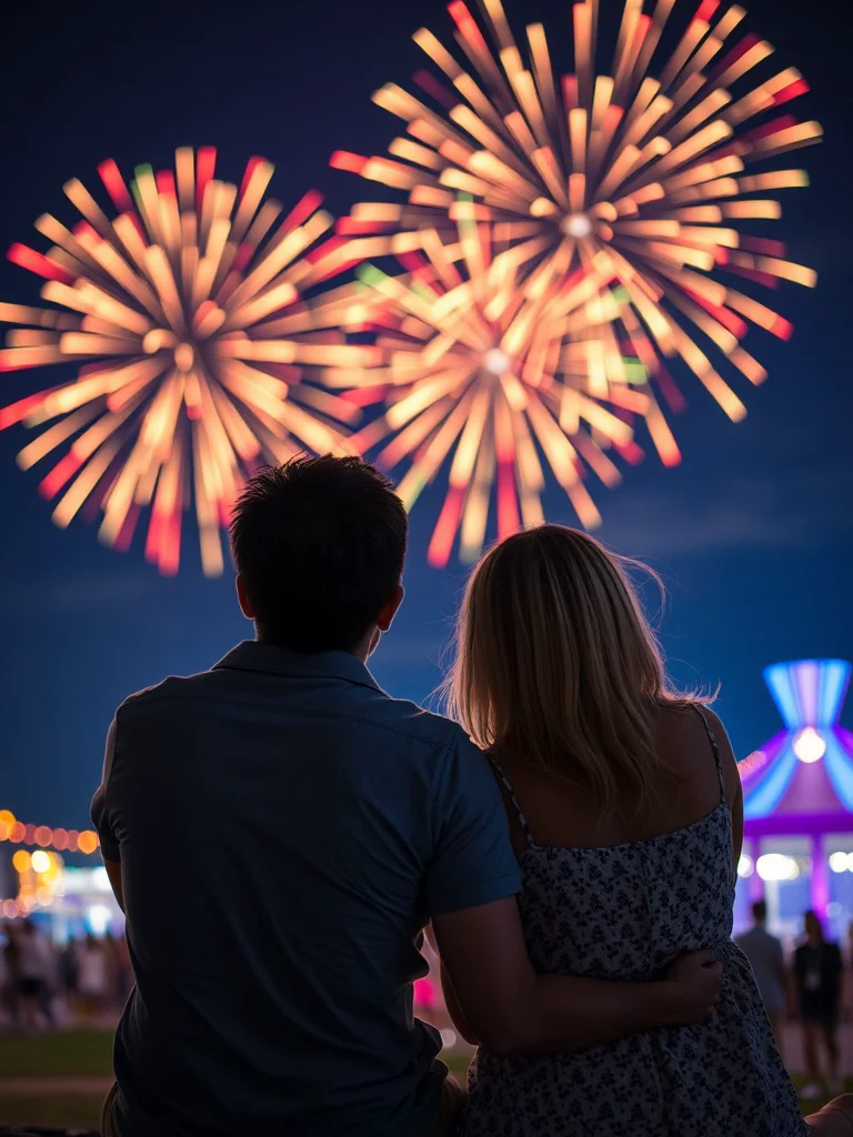 Couple sitting together watching fireworks reflected in their eyes, summer night festival, colorful