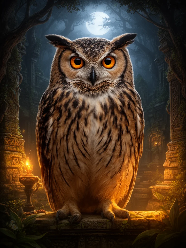 Wise owl with piercing amber eyes in ancient forest temple, warm moonlight, masterpiece, best qualit