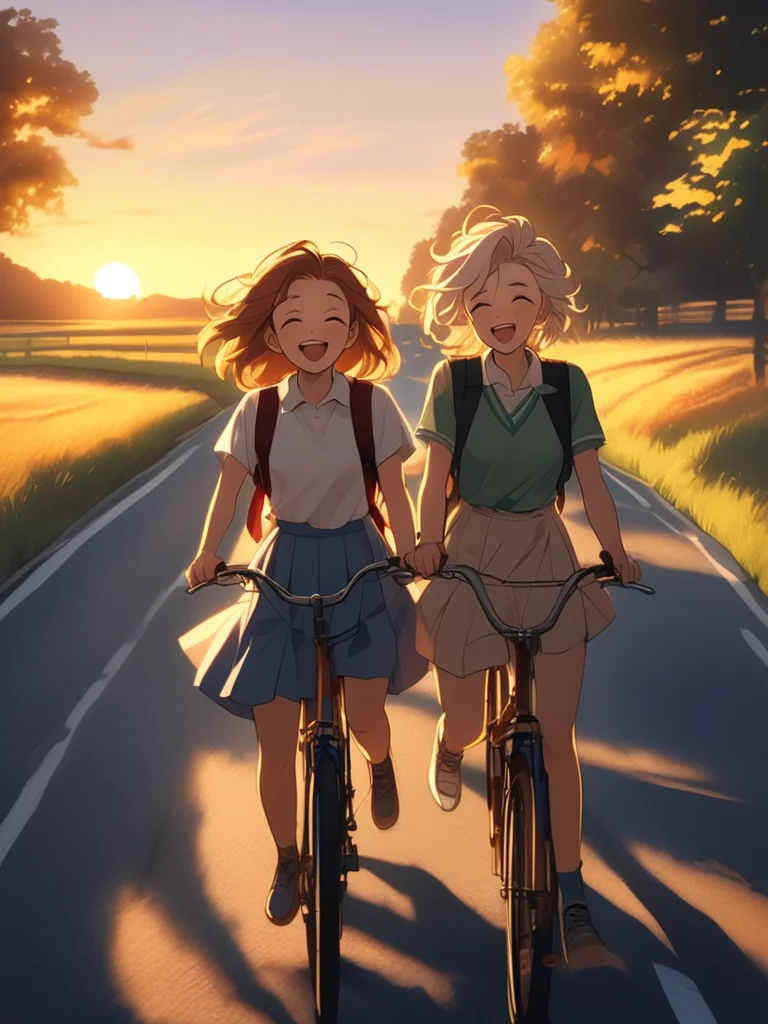 bike ride home from school, sunset road, friends side by side, laughter, golden hour, freedom, beaut