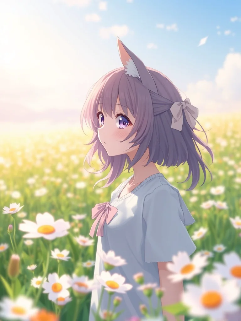 Cat-eared anime girl in a flower field, gentle breeze, soft pastel colors, peaceful mood