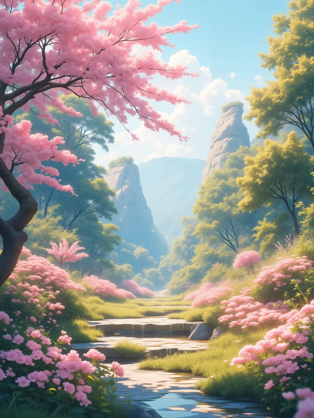花咲く渓谷の朝