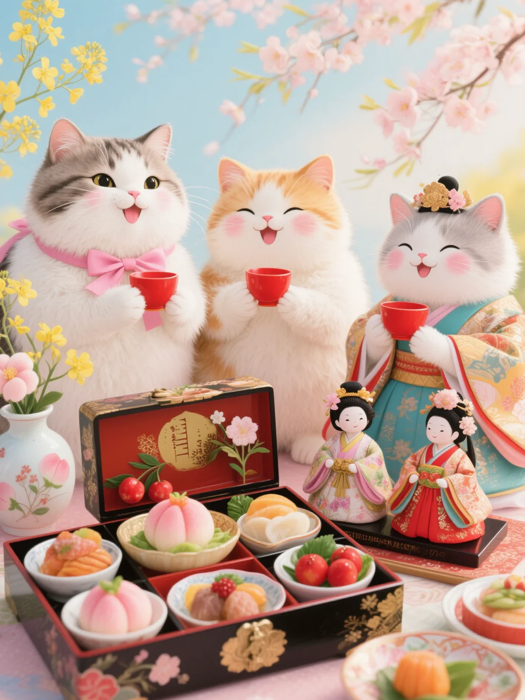 ひな祭りを祝う三匹の猫