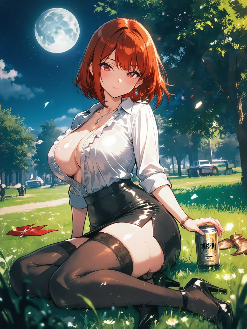 月夜の公園でくつろぐ