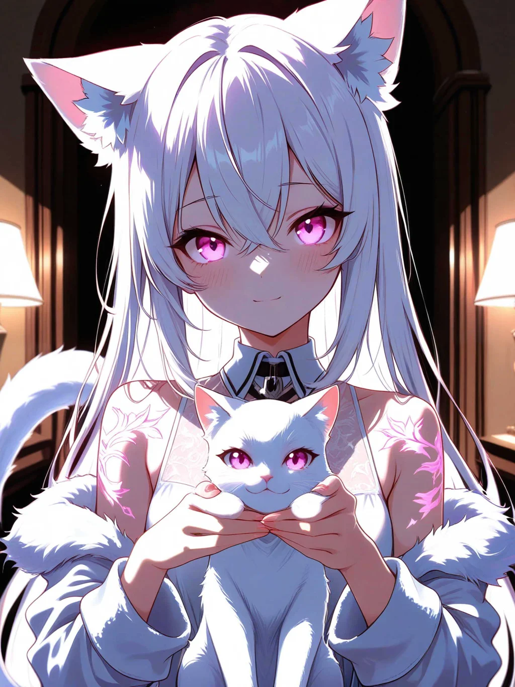 白猫を抱く猫耳の少女