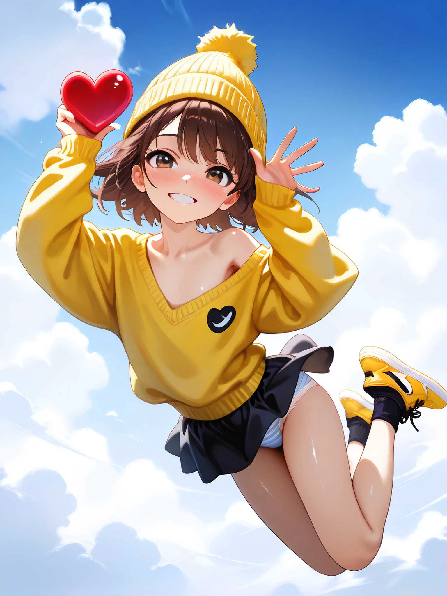 空で笑顔、ハートを掲げて