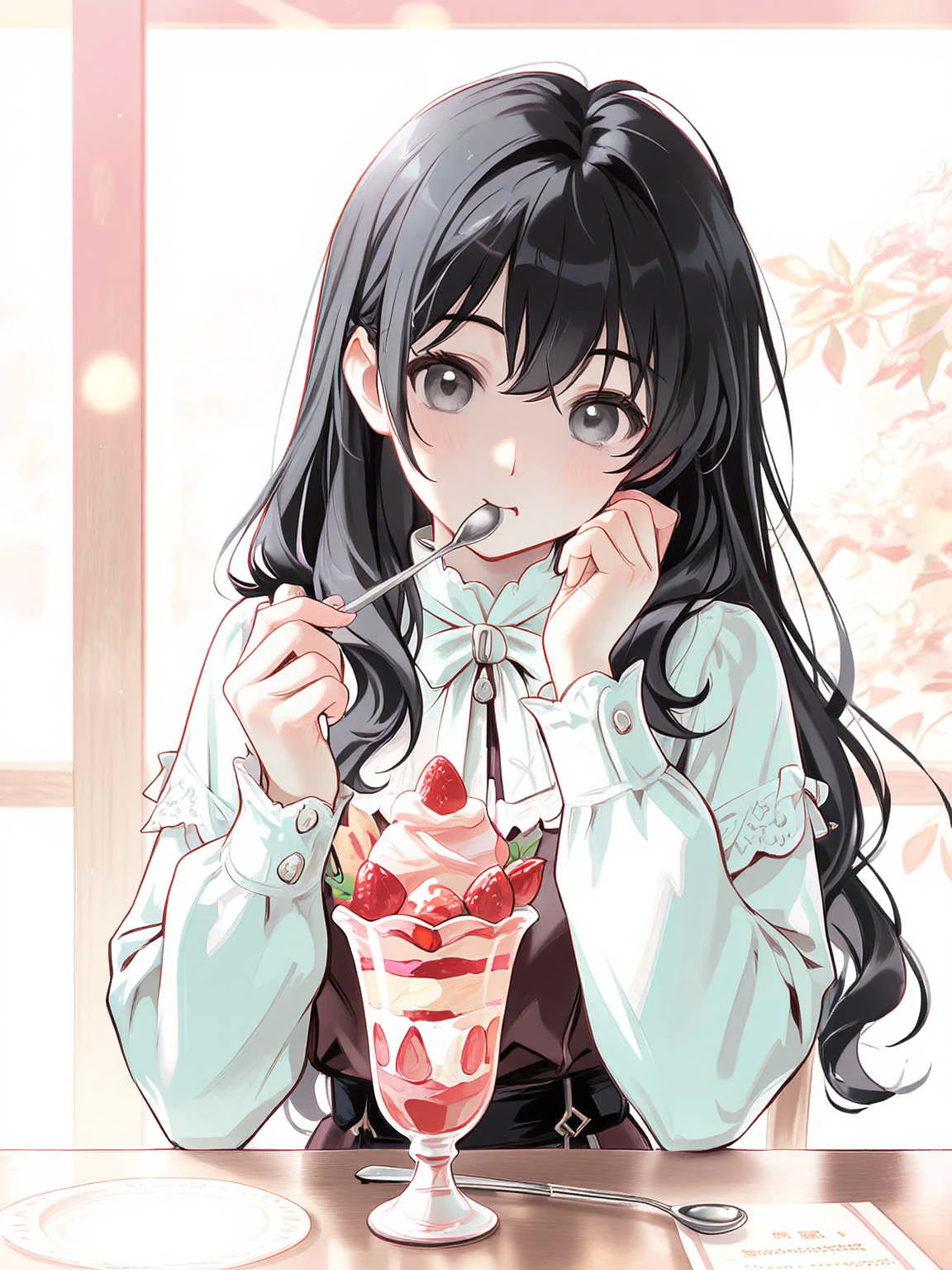 カフェでパフェを食べる少女
