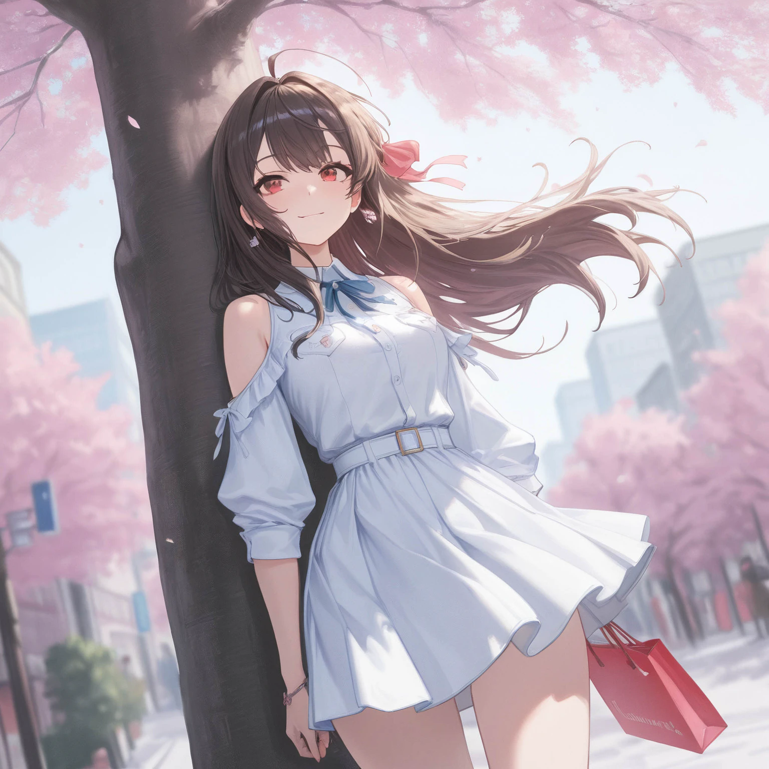 桜並木での買い物帰り