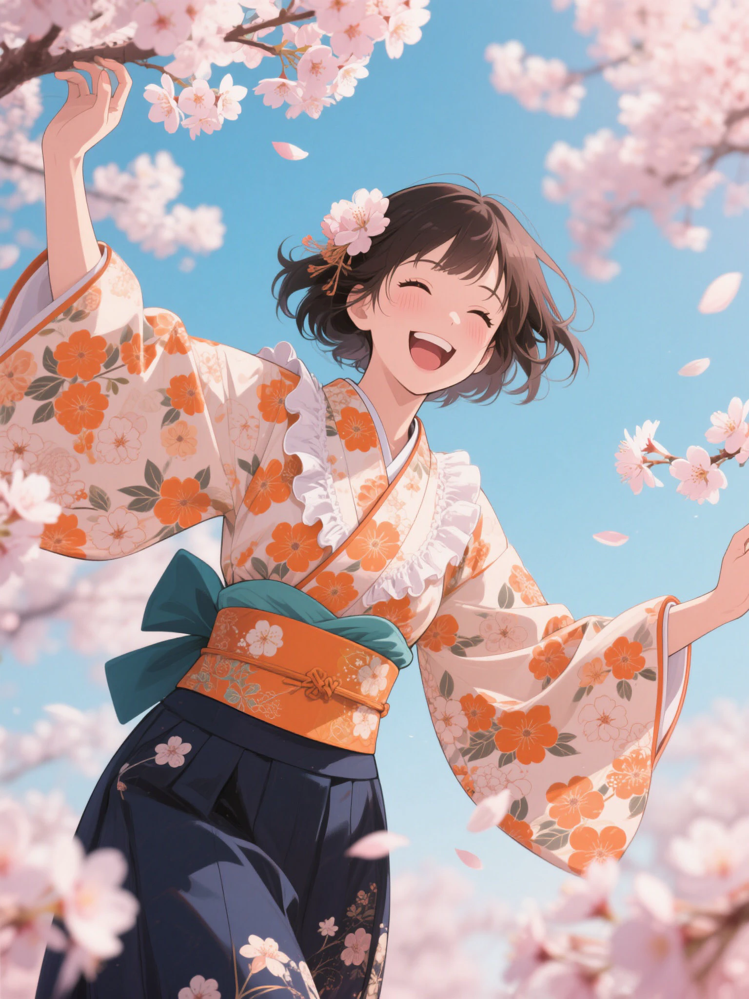 桜舞う中の笑顔