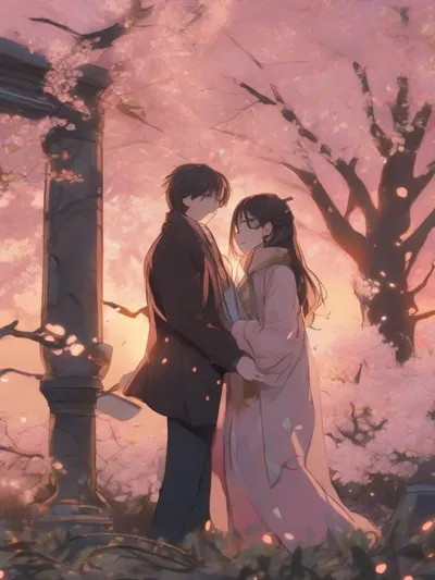 Two lovers under cherry blossoms at sunset, soft pink petals falling, tender embrace, warm golden ho