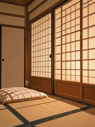 cozy japanese ryokan room, tatami mats, sliding doors open to garden view, evening light, traditiona