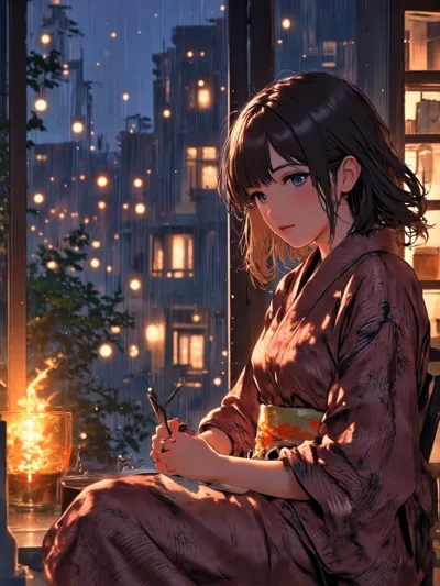 Cozy living room fireplace scene, rain outside window, warm ambient lighting, girl with blanket read