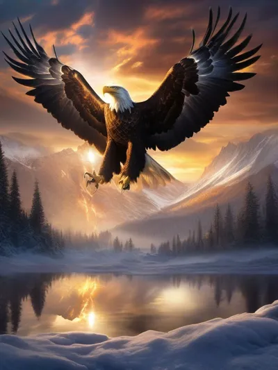 majestic bald eagle soaring, snow-capped mountains, golden sunset light, dramatic sky, cinematic sco