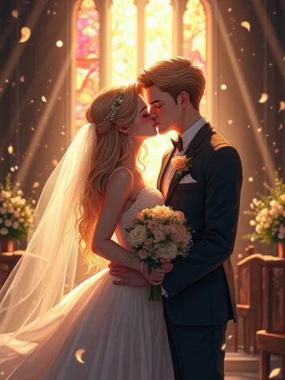 Couples wedding kiss with light rays streaming through stained glass, ethereal divine lighting, emot