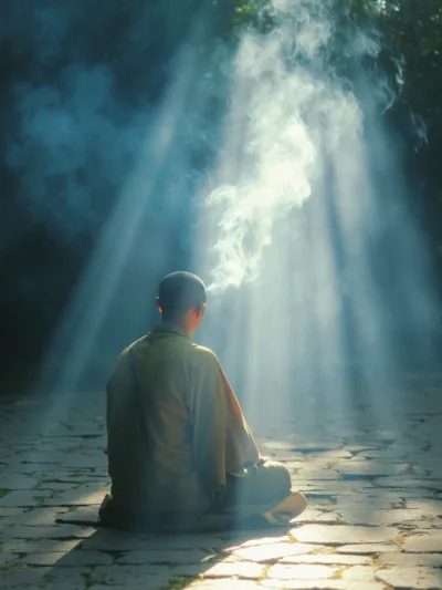 zen buddhist monk in meditation, ancient temple, incense smoke curling, peaceful, spiritual, minimal