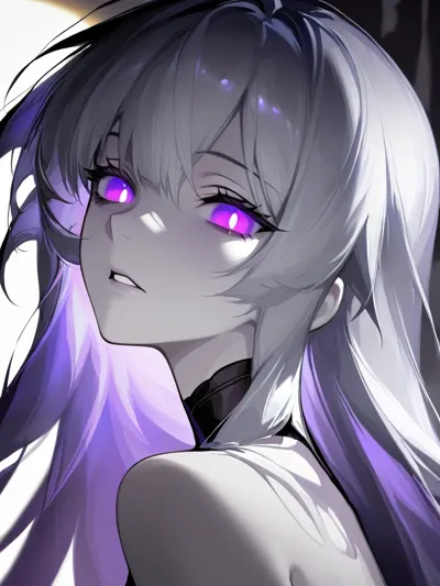 Mystical portrait of a supernatural being with glowing purple eyes, pale skin, dark atmospheric ligh