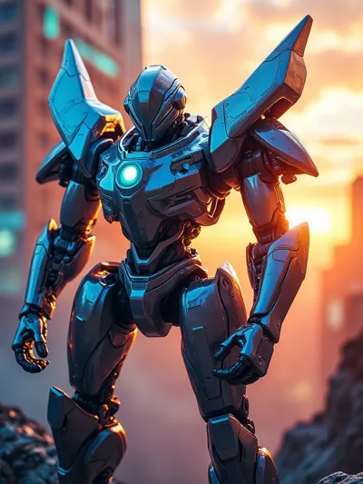 massive chrome mech suit, pilot in cockpit, neon blue glow, futuristic cityscape, action pose, dynam