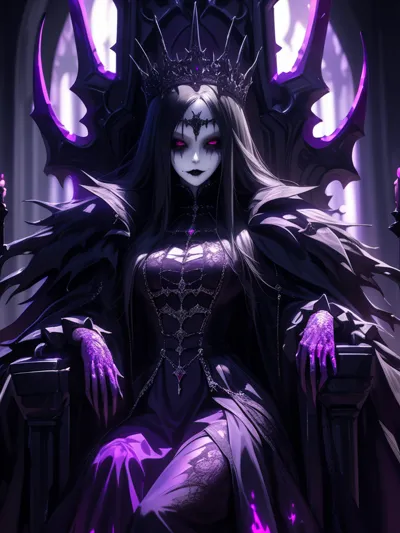 Cursed vampire queen on obsidian throne, gothic regalia, dramatic shadows, purple mystical aura, mas