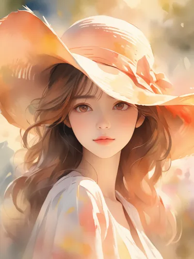 Loose watercolor portrait of a woman in a sun hat, impressionistic, warm palette