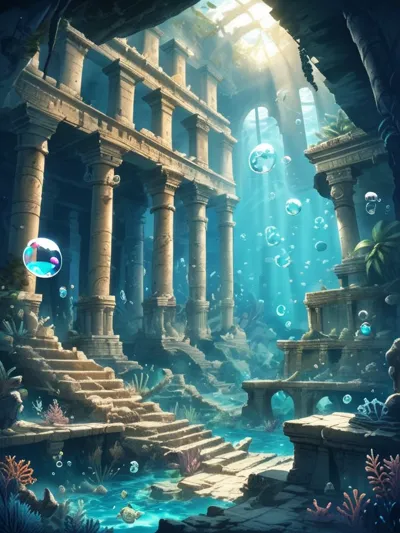 underwater ruins exploration, diving with magic bubble, ancient civilization, treasure and danger, m