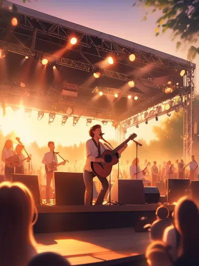 Festival band performing live music on outdoor stage at golden hour, natural warm lighting, masterpi