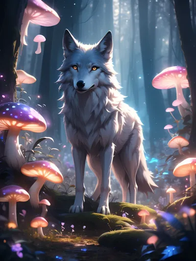 Gray wolf standing in misty enchanted forest with glowing mushrooms, magical ambiance, masterpiece, 