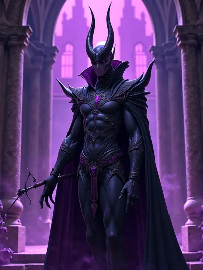Dark elf vampire noble in obsidian palace, gothic architecture, purple mystical lighting, masterpiec