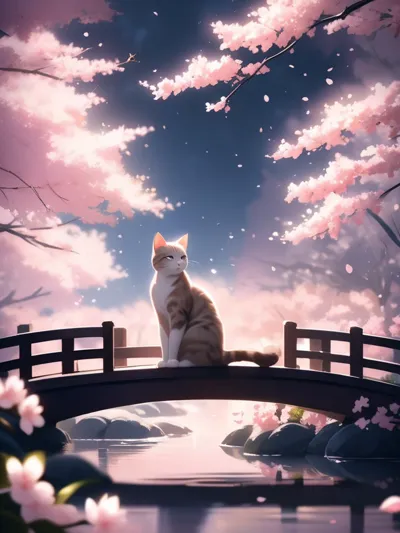 A graceful tabby cat sitting on a moonlit Japanese garden bridge, cherry blossoms falling, soft ethe