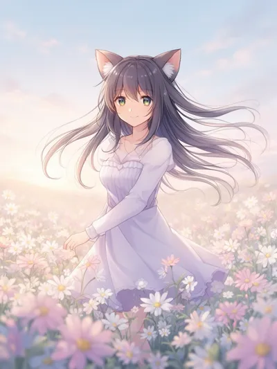 Cat-eared anime girl in a flower field, gentle breeze, soft pastel colors, peaceful mood