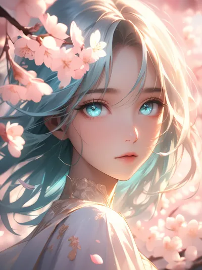 Ethereal portrait of a girl with large expressive aquamarine eyes, delicate features, surrounded by 