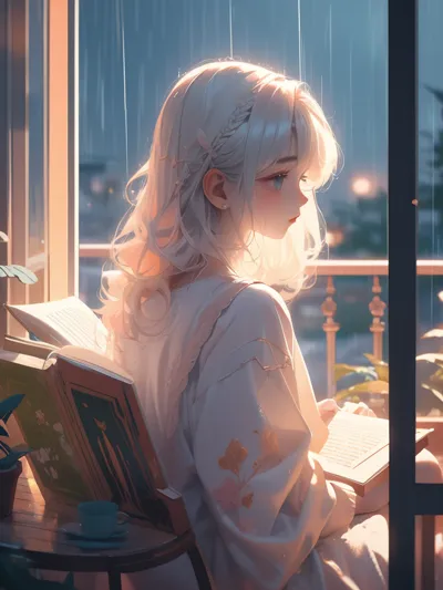 Balcony reading nook during gentle rain, warm outdoor furniture, soft golden ambient lighting, girl 