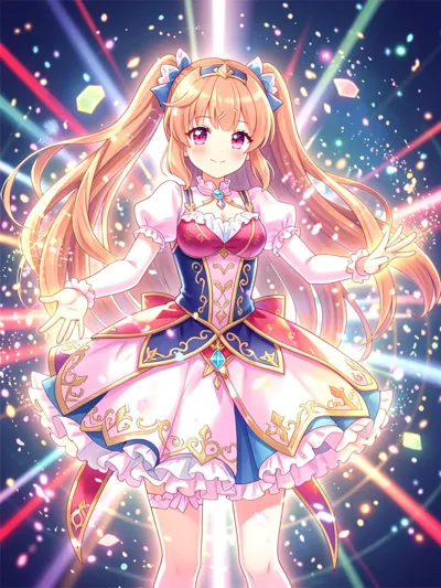 魔法少女变身场景，闪烁的光粒子，精致的服装细节，鲜艳色彩，动…