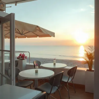 A quiet seaside café at sunr